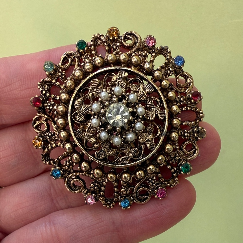 Vintage and Unique Large Gold Brooch with Multicolor Gems